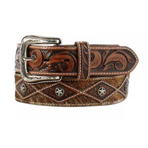 Ariat Men's Calf Hair Concho Tooled Leather Belt Brown, Size 46 (New)